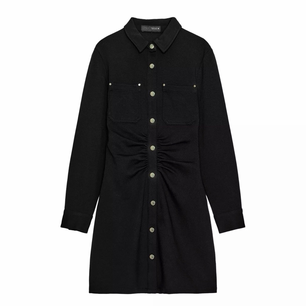 Zara Black Long-Sleeve Ruched Shirt Dress
